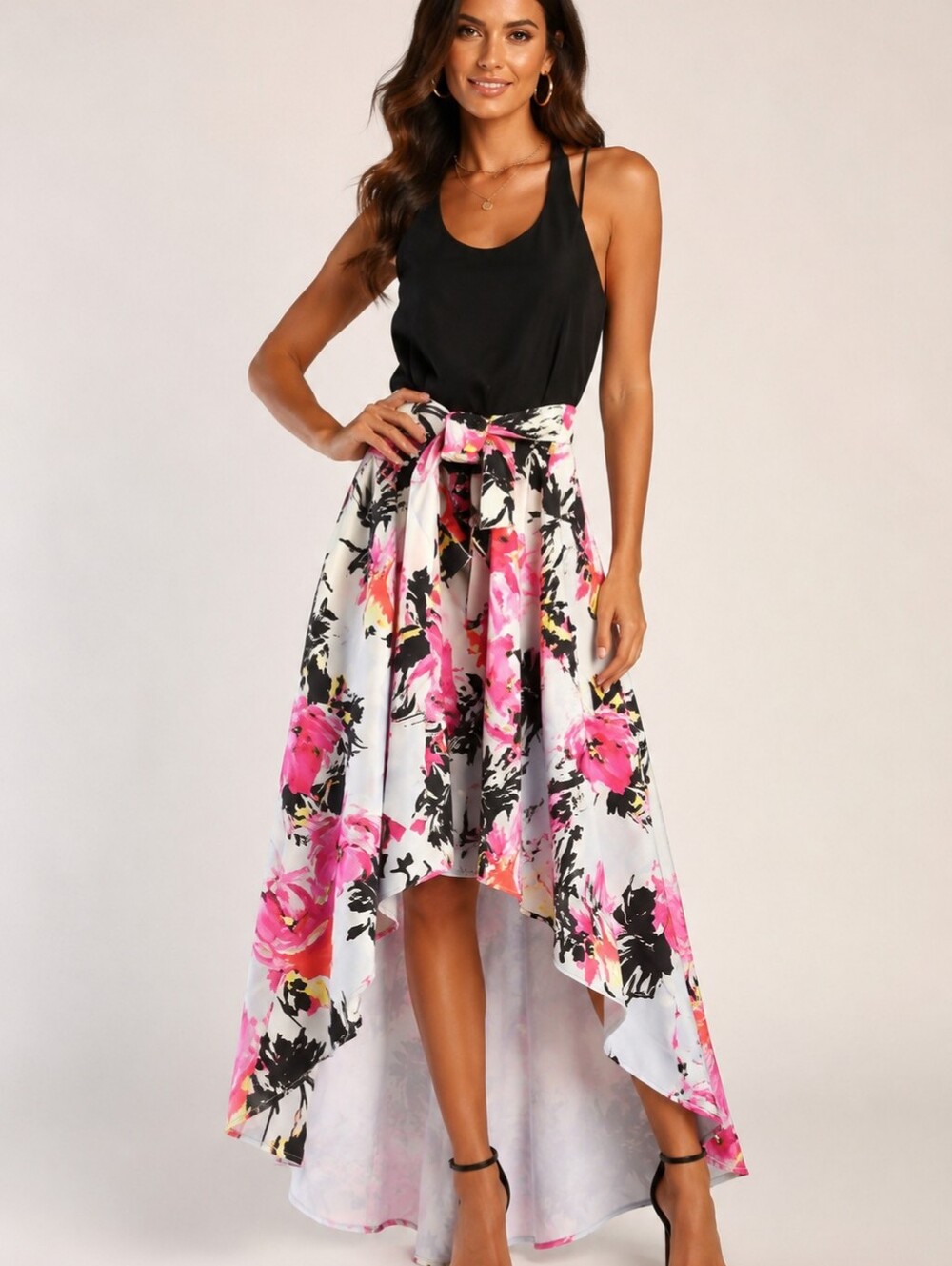 Leslie Fay Black & Floral High-Low Dress‎ Size 2